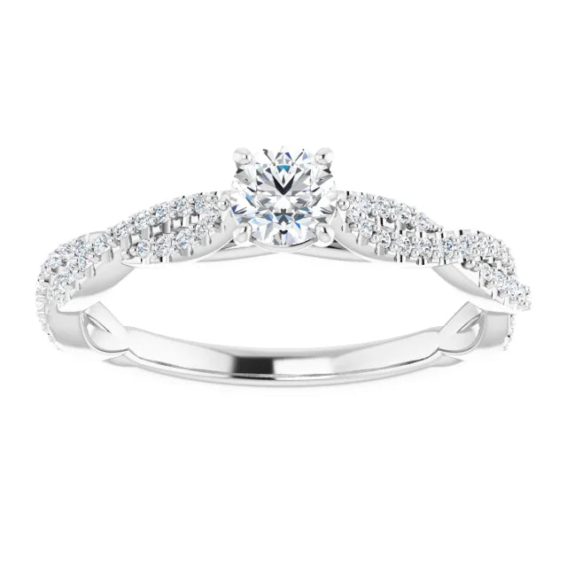 Bague de fiançailles solitaire et pavé entrelacé en or blanc 14k avec diamant central rond de 0,30 ct (GIA) et 64 diamants d'entourage