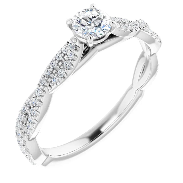 Bague de fiançailles solitaire et pavé entrelacé en or blanc 14k avec diamant central rond de 0,30 ct (GIA) et 64 diamants d'entourage