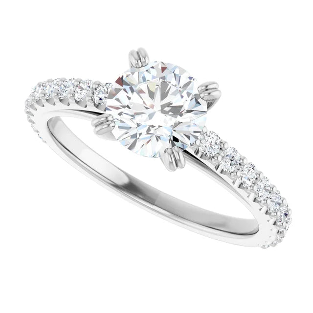 Bague de fiançailles solitaire et pavé en or blanc 14k avec diamant central rond de 1,00 ct (IGI) et 20 diamants d'entourage
