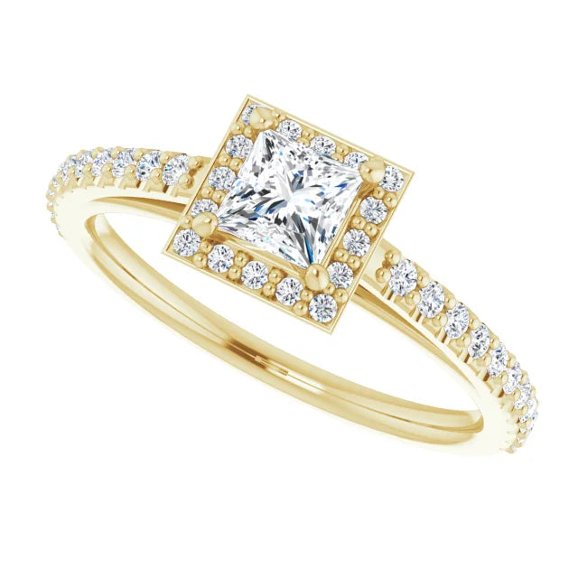 Bague d'engagement halo en or blanc 14k avec diamant naturel princesse 0,35 ct et anneau pavé