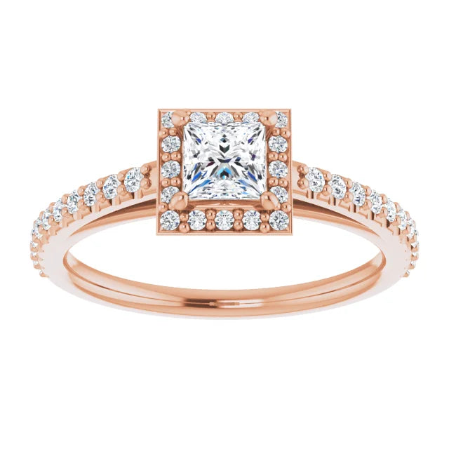 Bague d'engagement halo en or blanc 14k avec diamant naturel princesse 0,35 ct et anneau pavé