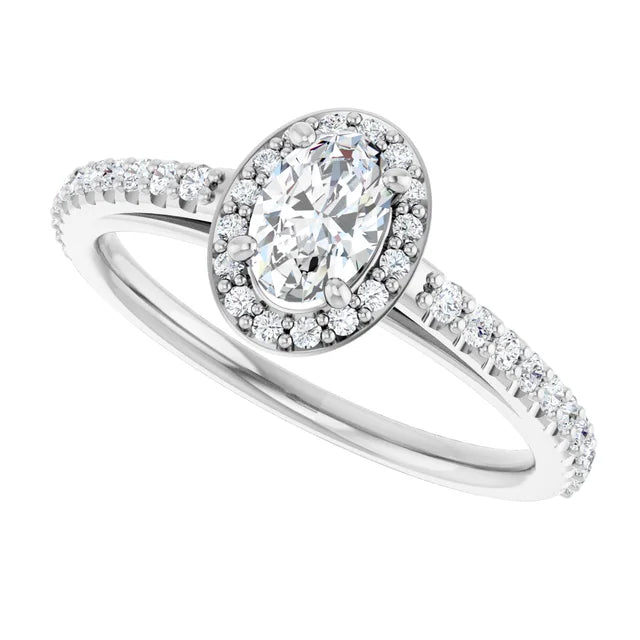 Bague d'engagement halo en or blanc 14k avec diamant naturel ovale 0,70 ct et anneau serti
