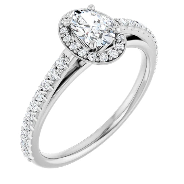 Bague d'engagement halo en or blanc 14k avec diamant naturel ovale 0,70 ct et anneau serti