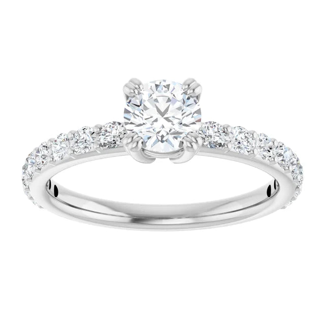 Bague de fiançailles solitaire et pavé en or blanc 14k avec diamant central rond de 0,50 ct (GIA) et 16 diamants d'entourage