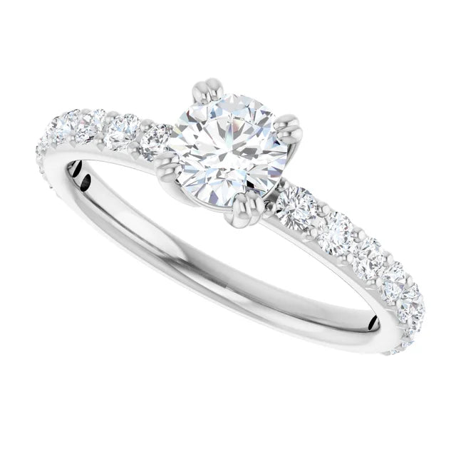 Bague de fiançailles solitaire et pavé en or blanc 14k avec diamant central rond de 0,50 ct (GIA) et 16 diamants d'entourage