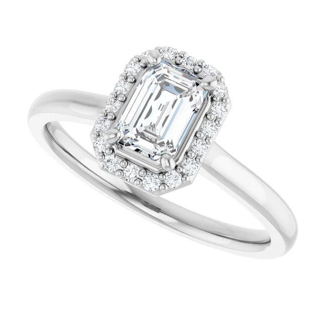 Bague d'engagement halo en or jaune 14k avec diamant naturel taille émeraude 0,60 ct et diamants d'accentuation