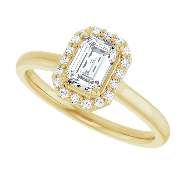 Bague d'engagement halo en or jaune 14k avec diamant naturel taille émeraude 0,60 ct et diamants d'accentuation