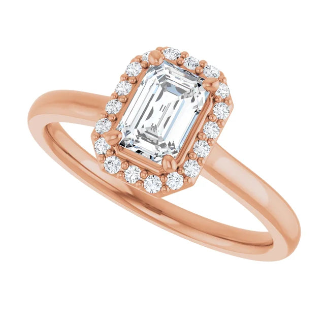 Bague d'engagement halo en or jaune 14k avec diamant naturel taille émeraude 0,60 ct et diamants d'accentuation