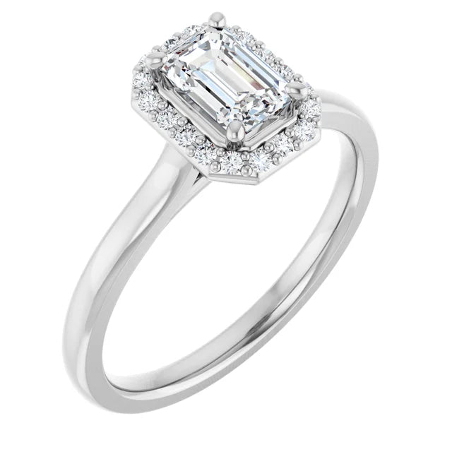 Bague d'engagement halo en or jaune 14k avec diamant naturel taille émeraude 0,60 ct et diamants d'accentuation