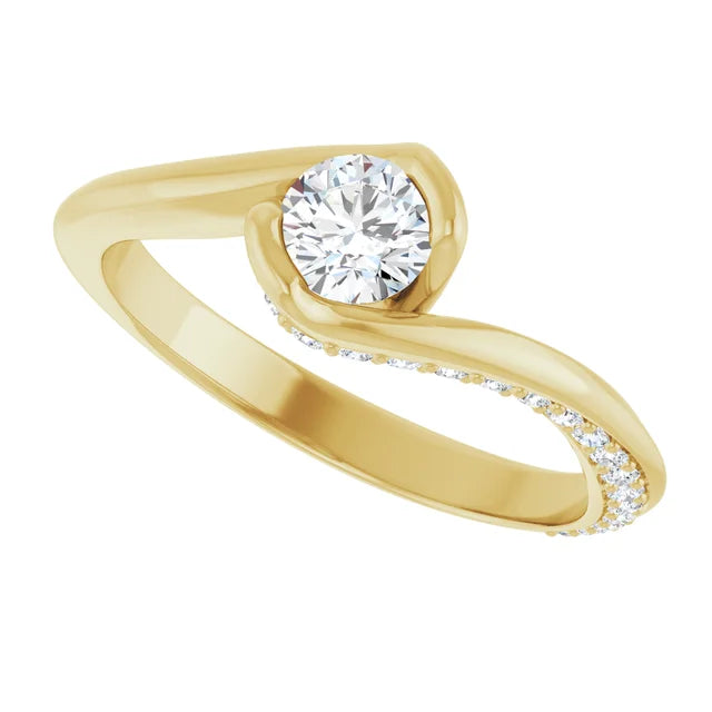 Bague de fiançailles solitaire et pavé asymétrique en or blanc 14k avec diamant central rond de 0,35 ct (GIA) et 34 diamants d'entourage