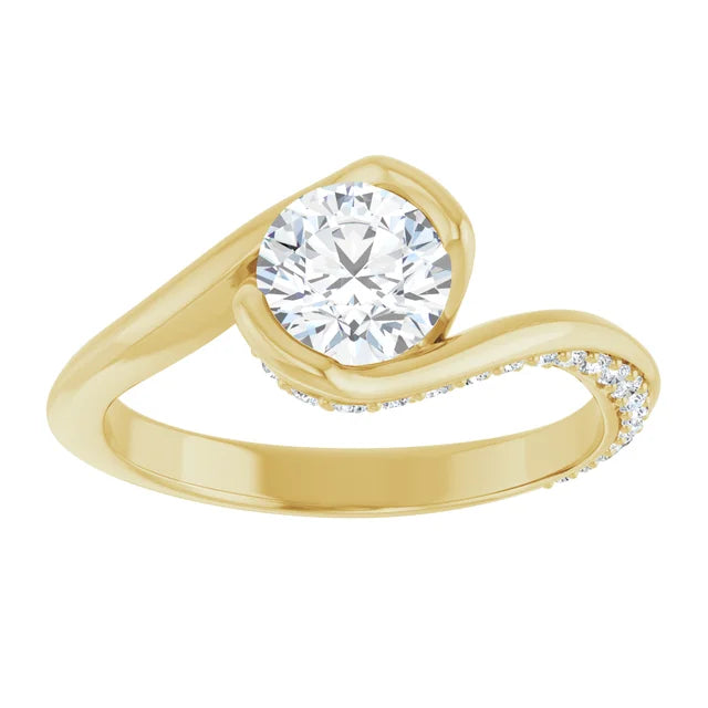 Bague de fiançailles solitaire et pavé asymétrique en or jaune 14k avec diamant de laboratoire rond de 1,00 ct (VVS1, E, IGI) et 34 diamants d'entourage
