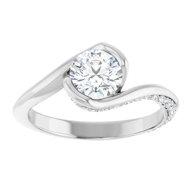 Bague de fiançailles solitaire et pavé asymétrique en or jaune 14k avec diamant de laboratoire rond de 1,00 ct (VVS1, E, IGI) et 34 diamants d'entourage