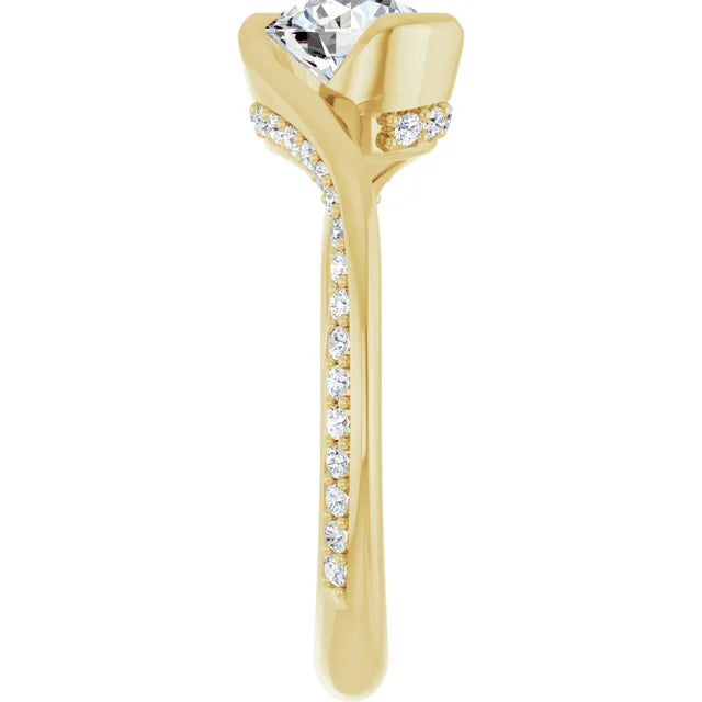 Bague de fiançailles solitaire et pavé asymétrique en or jaune 14k avec diamant de laboratoire rond de 1,00 ct (VVS1, E, IGI) et 34 diamants d'entourage