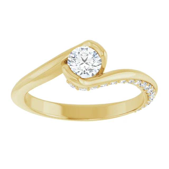 Bague de fiançailles solitaire et pavé asymétrique en or blanc 14k avec diamant central rond de 0,35 ct (GIA) et 34 diamants d'entourage