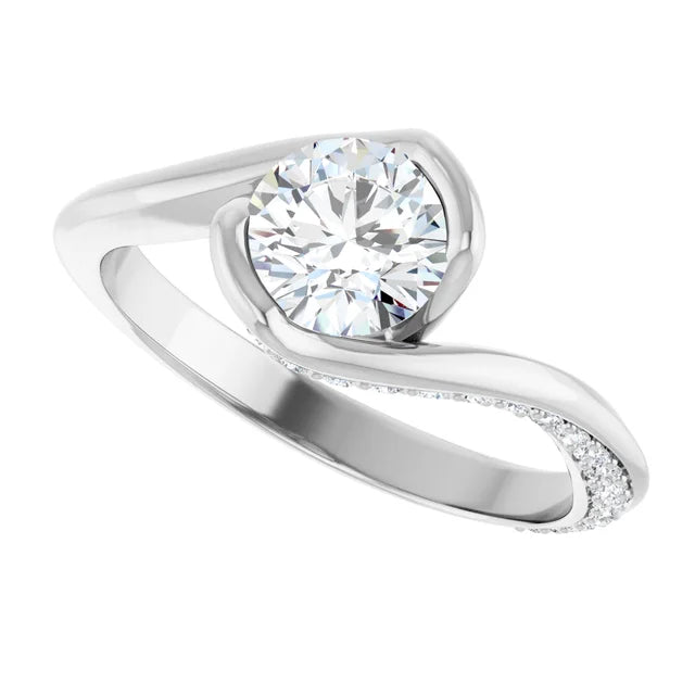 Bague de fiançailles solitaire et pavé asymétrique en or jaune 14k avec diamant de laboratoire rond de 1,00 ct (VVS1, E, IGI) et 34 diamants d'entourage