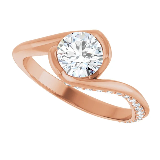 Bague de fiançailles solitaire et pavé asymétrique en or jaune 14k avec diamant de laboratoire rond de 1,00 ct (VVS1, E, IGI) et 34 diamants d'entourage