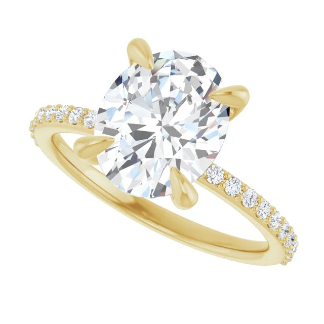 Bague de fiançailles solitaire et pavé en or jaune 10k avec diamant central ovale de 2 ct (IGI) et 22 diamants d'entourag