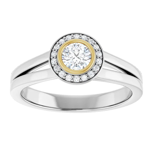 Diamond Halo Engagement Ring in White and Yellow Gold