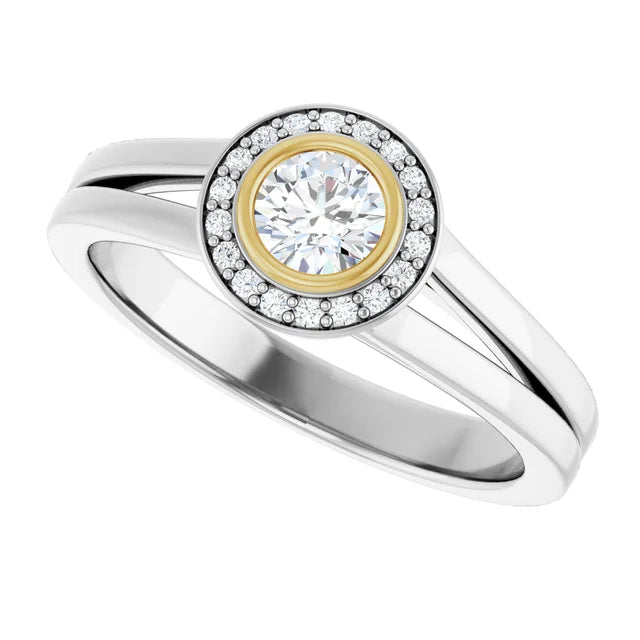 Diamond Halo Engagement Ring in White and Yellow Gold