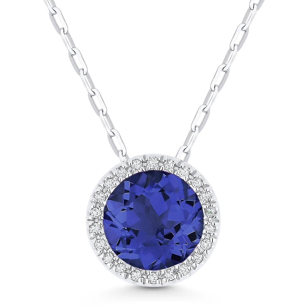 Pendentif rond halo en or blanc 14k serti d'un péridot laboratoire et de diamants