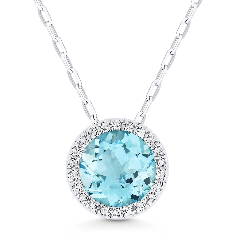 Pendentif rond halo en or blanc 14k serti d'un péridot laboratoire et de diamants
