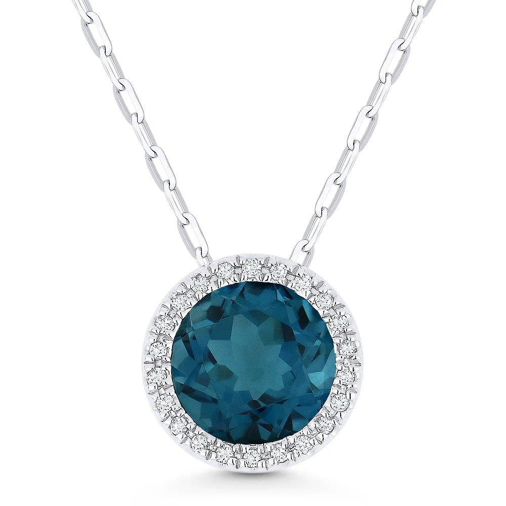Pendentif rond halo en or blanc 14k serti d'un péridot laboratoire et de diamants