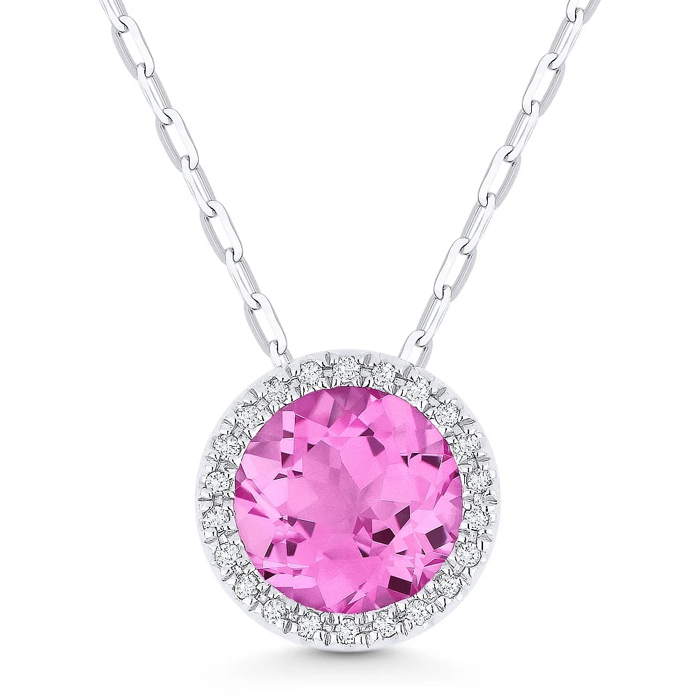 Pendentif rond halo en or blanc 14k serti d'un péridot laboratoire et de diamants