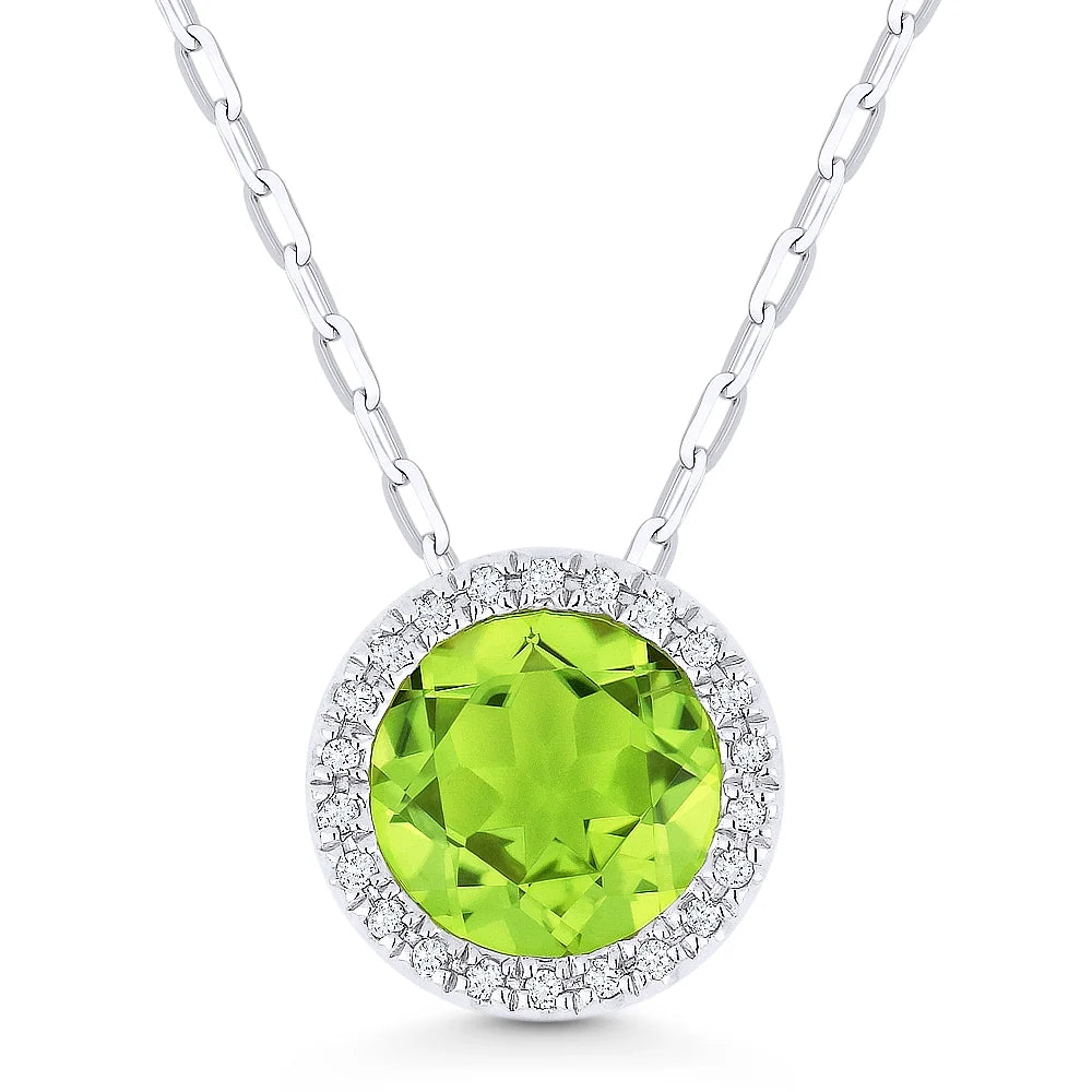 Pendentif rond halo en or blanc 14k serti d'un péridot laboratoire et de diamants