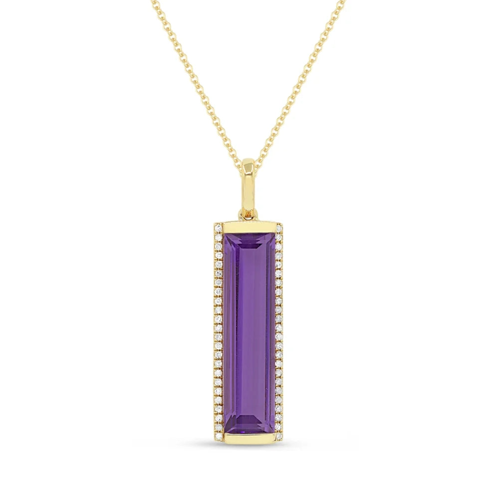 Pendentif barre verticale en or 14k serti d'une pierre rectangulaire et diamants