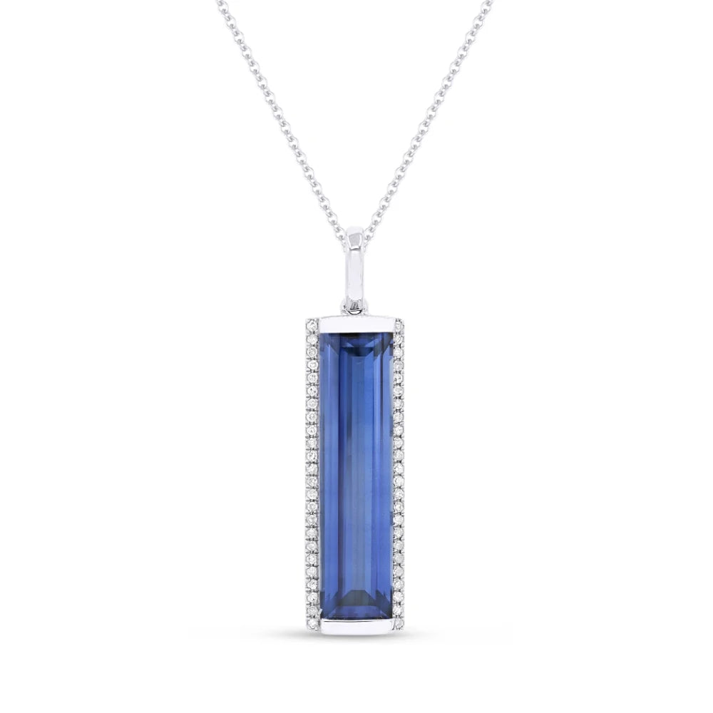 Pendentif barre verticale en or 14k serti d'une pierre rectangulaire et diamants