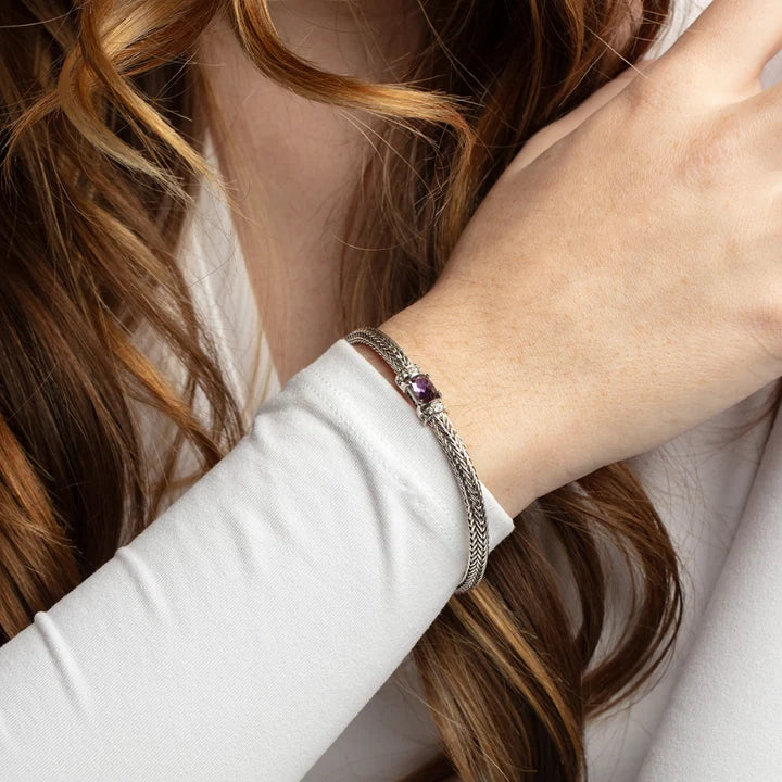 Bracelet tressé en argent sterling avec améthyste et saphires blancs