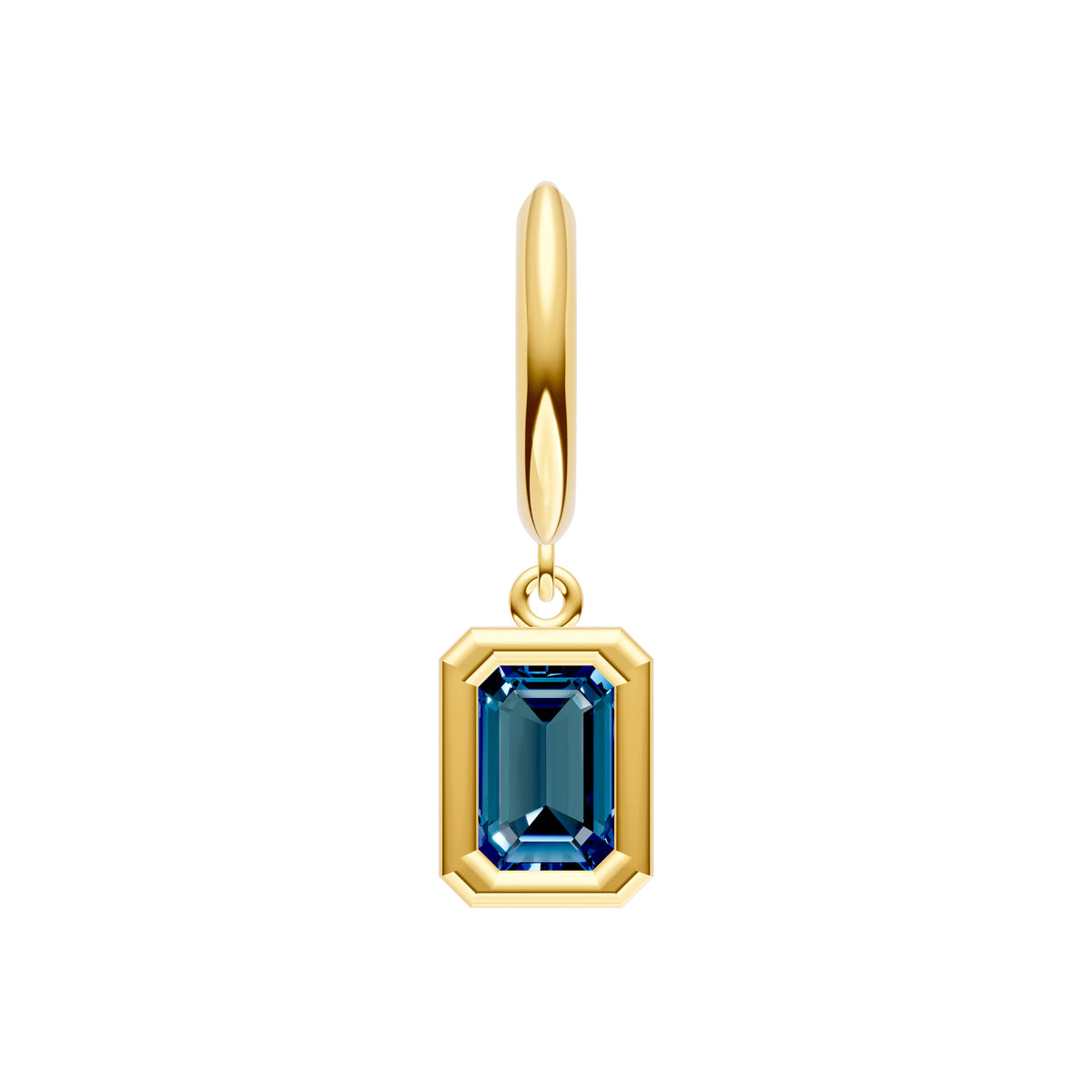 Boucle d'oreille créole pendante en or jaune 14k et Topaze London Blue (Taille Émeraude)