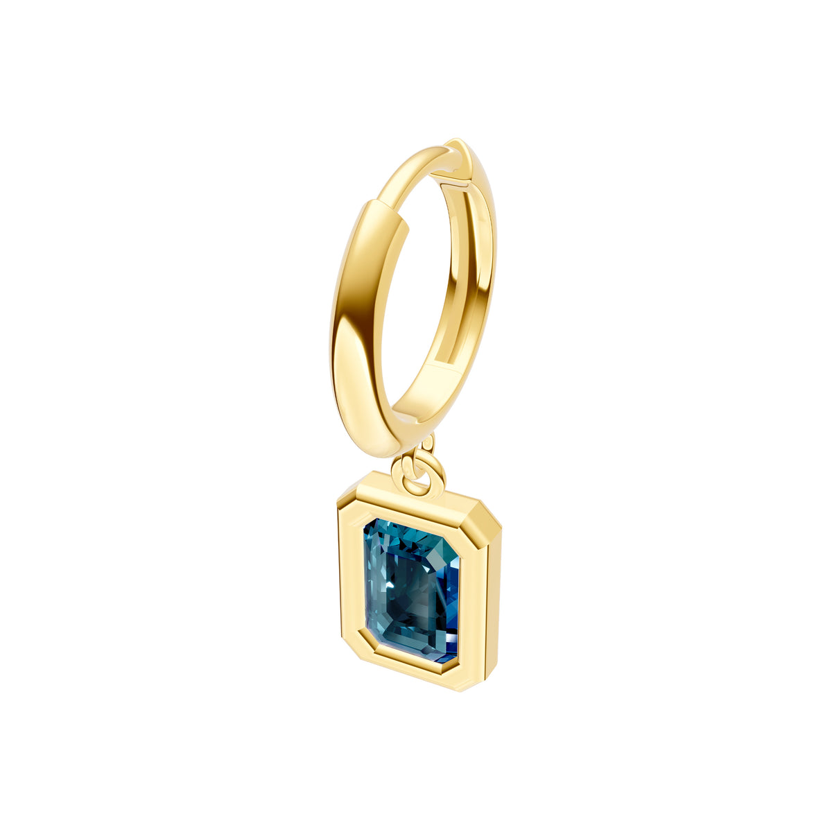 Boucle d'oreille créole pendante en or jaune 14k et Topaze London Blue (Taille Émeraude)