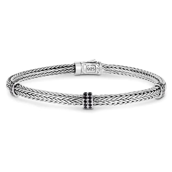 Bracelet tressé  en argent sterling et spinelles noirs