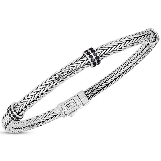 Bracelet tressé  en argent sterling et spinelles noirs