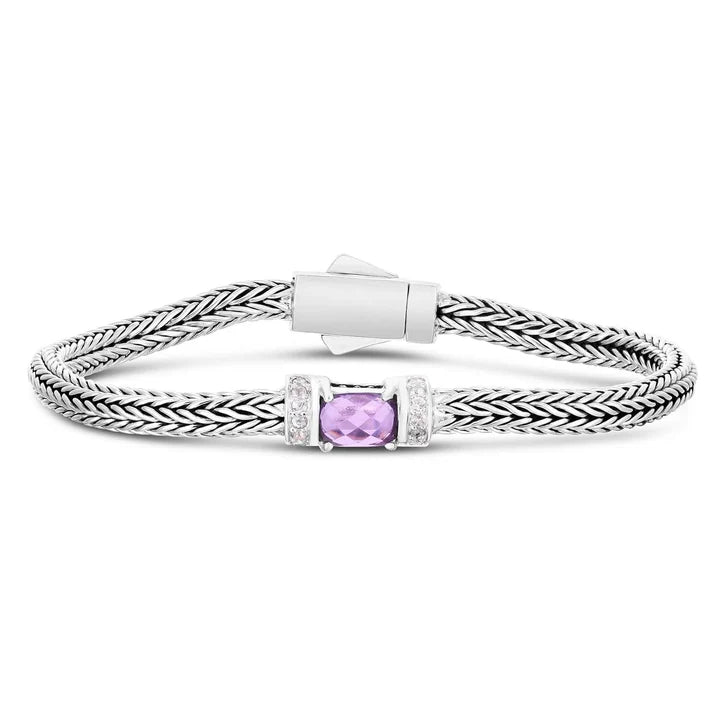 Bracelet tressé en argent sterling avec améthyste et saphires blancs