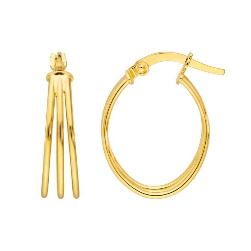 Créoles ovales triple rang en or jaune 14k